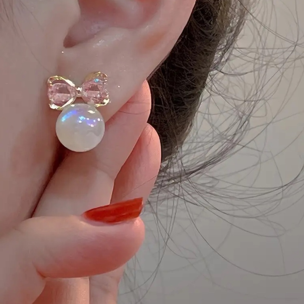 Elegant Pink and White Bow Christmas Ball Earrings. Christmas gift. 🎀 - Picture 2 of 5